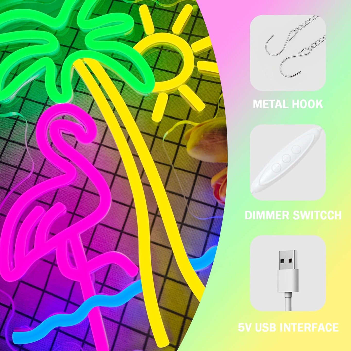 Flamingo Sun Palm Tree Neon Sign for Wall Decor Flamingo Led Neon Lights Sun Wave Neon Signs Dimmable for for Bedroom Living Room Man Cave Bar Club
