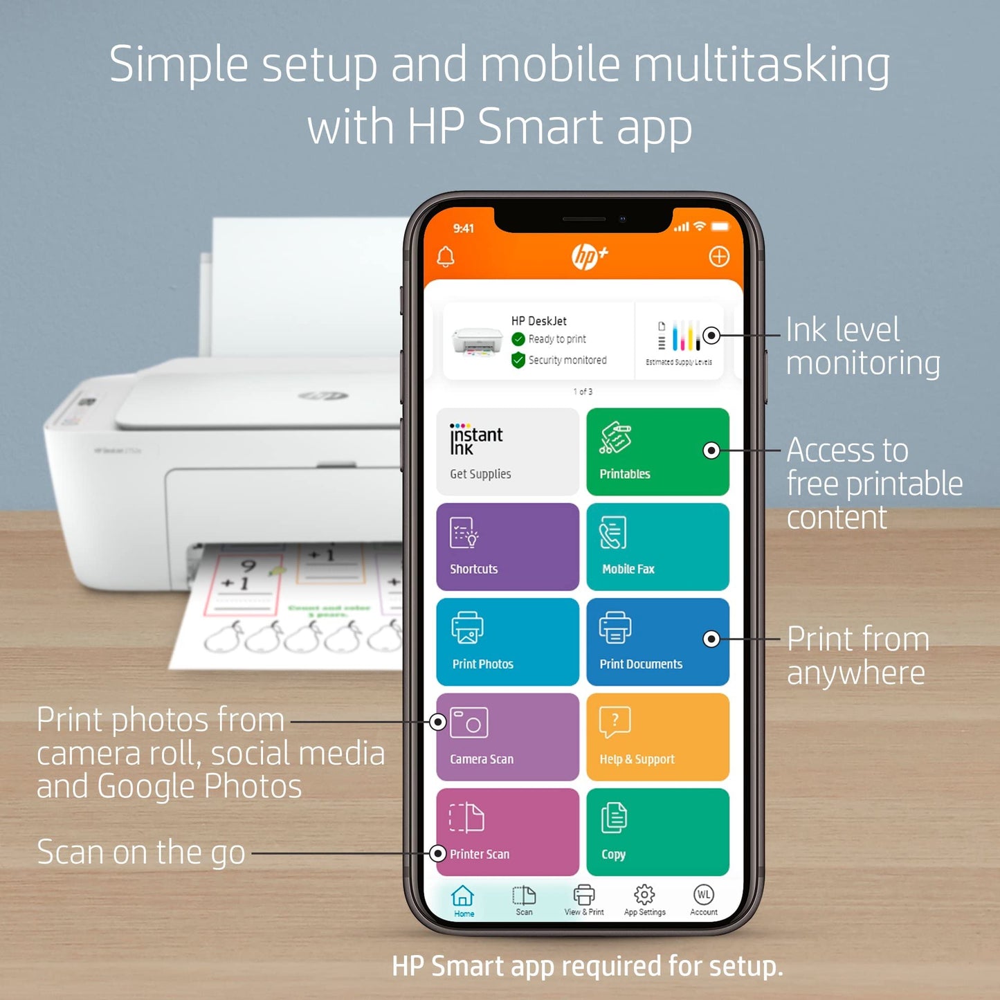 HP DeskJet 2752e Wireless All-in-One Instant Ink Ready Color Inkjet Printer, Black - Print Scan Copy - WiFi, Bluetooth, USB Connectivity, Icon LCD