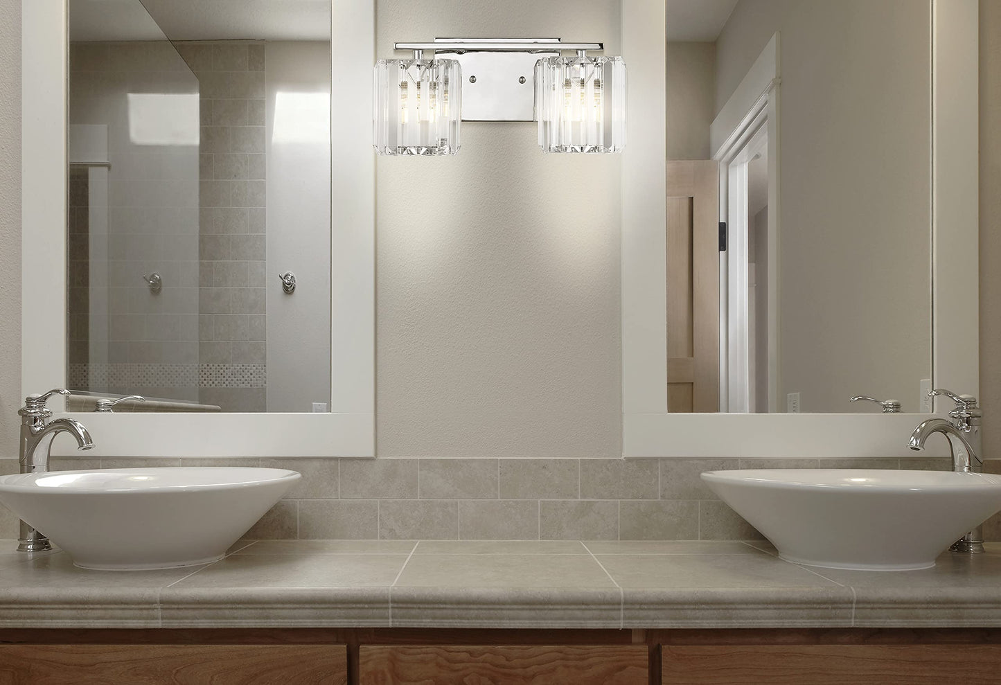JONATHAN Y 4.75" Chrome 2-Light Vintage Glam LED Vanity Light Wall Sconce Fixture with Clear Crystal Prism Shade, Hardwired Wall Lamp for Bathroom