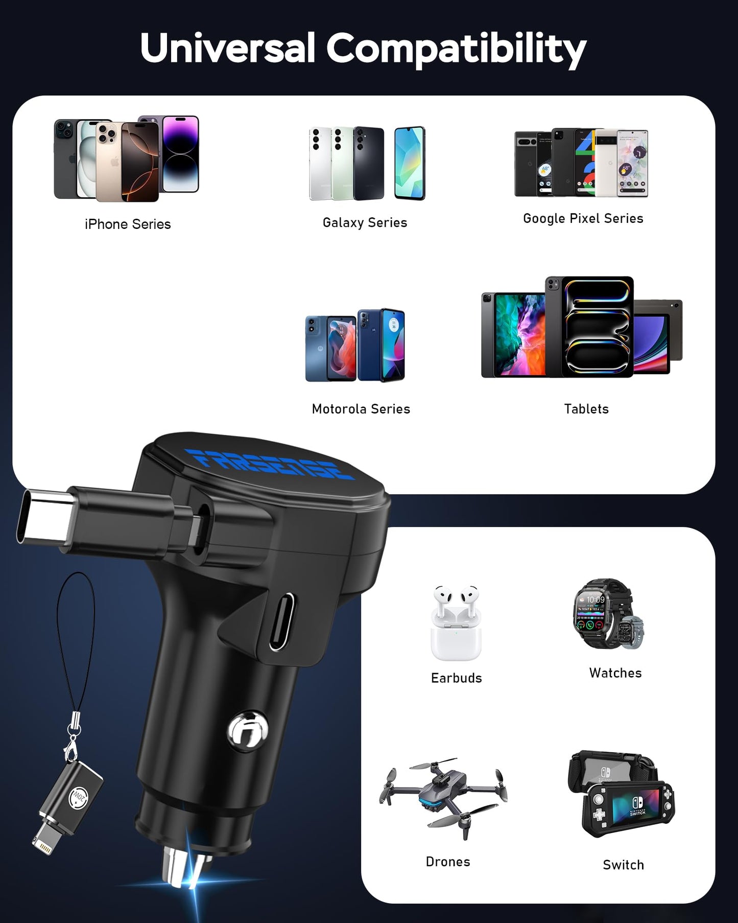 FARSENSE USB-C Car Charger, 45W 2-in-1 PD Fast Charger with Retractable Cable, Universal Car Adapter for iPhone 17/16 Series, MacBook Pro/Air, iPad