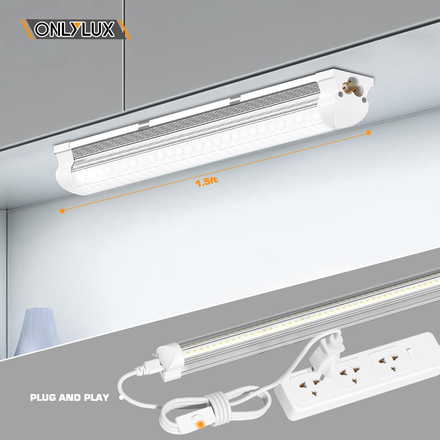 ONLYLUX LED Shop Lights, LED Tube Light 25W 6000K, Garage Lighting, Super Bright, Under Cabinet Lighting, Linkable with Plug Shop Lights for Garage