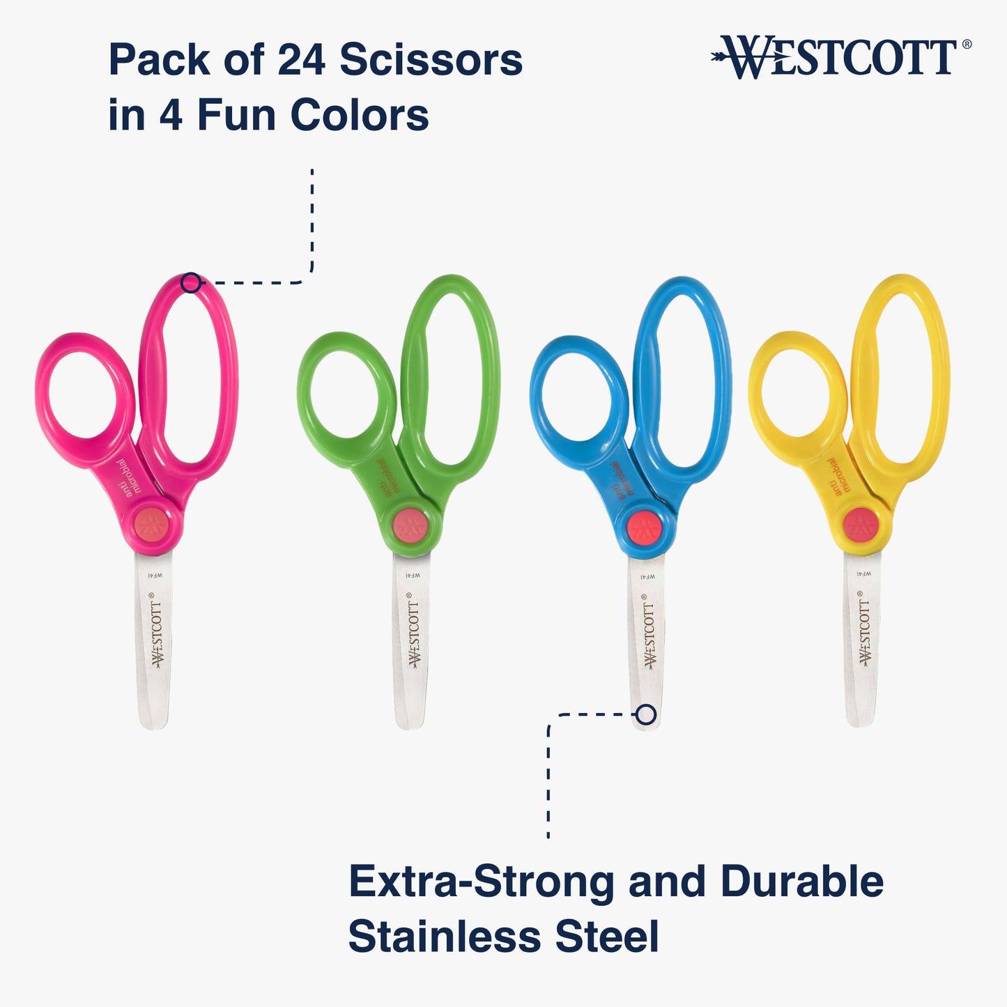 Westcott School Scissor Caddy and 5-Inch Blunt Safety Scissors for Kids, Back to School, Classroom Supplies, Assorted, 24 Pack (14756)