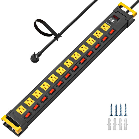 CRST 12 Outlet Heavy Duty Metal Power Strip with Individual Switches, 9FT Surge Protector Power Strip with Cord Managment, 15A/1875W 1020J Wide Spaced