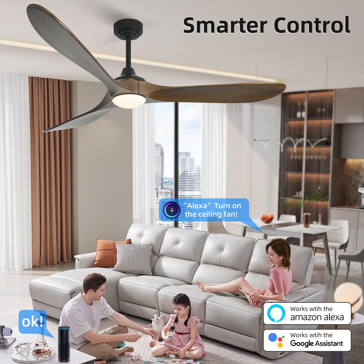 Homlit Ceiling Fan with Lights, 72'' Solid Wood Indoor/Outdoor Ceiling Fan with Quiet Reversible DC Motor, Compatible with Alexa/Google/App, 3CCT