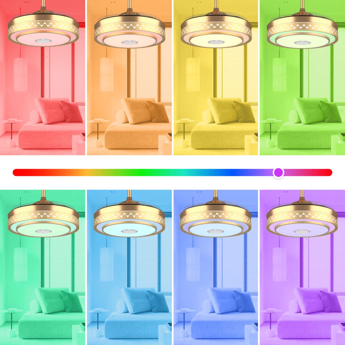 Retractable Blades Ceiling Fan with Lights and Bluetooth Speaker Dimmable Invisible Chandelier with Remote 7 Color Light Fandelier Ceiling Fan Light 6