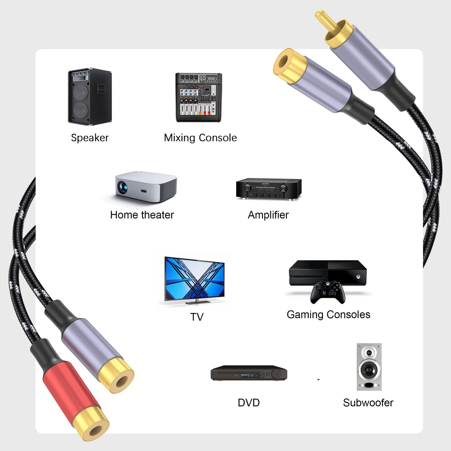 DCNETWORK RCA Splitter Y-Cable, 2IN1 RCAMale&Female to 2 RCA Female Audio Speaker Y Adapter, Short Audio Speaker Splitter Cable for Car, Subwoofer, CD
