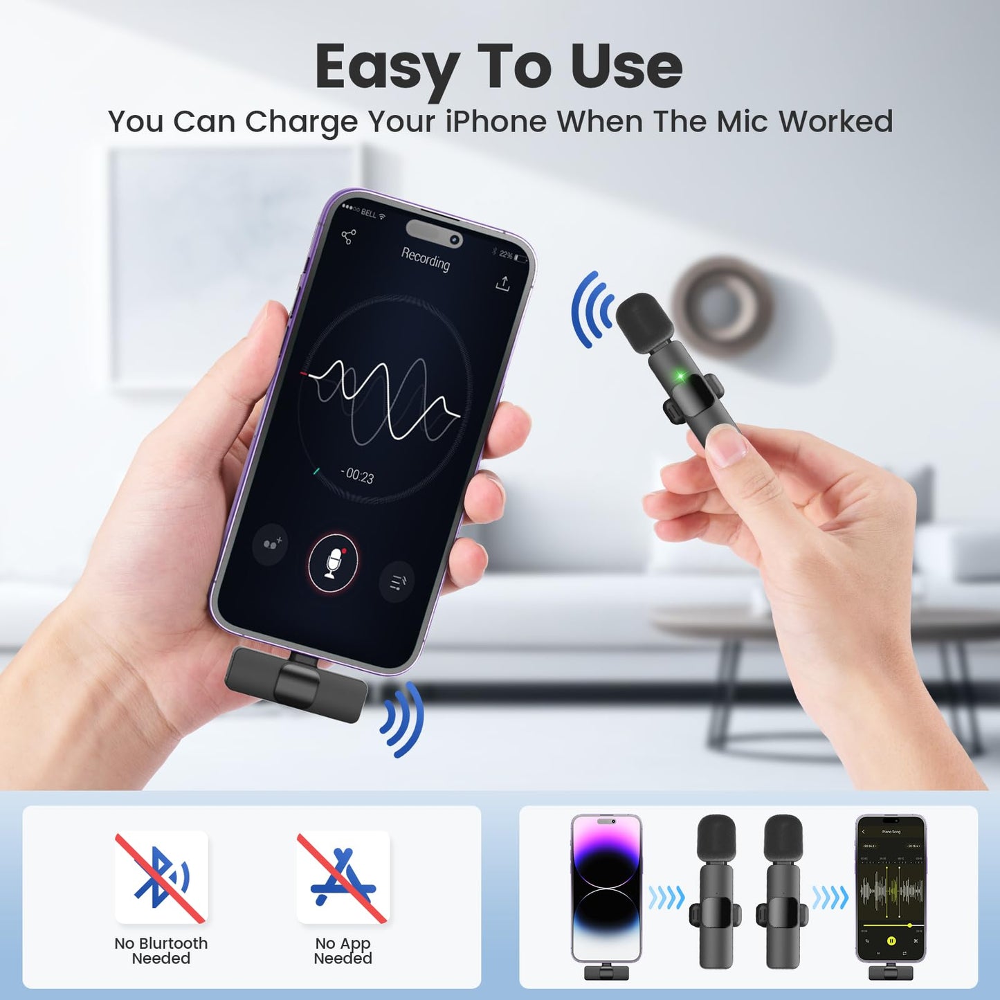 AMASDA 2 Pack Wireless Lavalier Microphone with Charging Case for iPhone, iOS and Android Phone, Mini Microphone for Video Recording, Interview