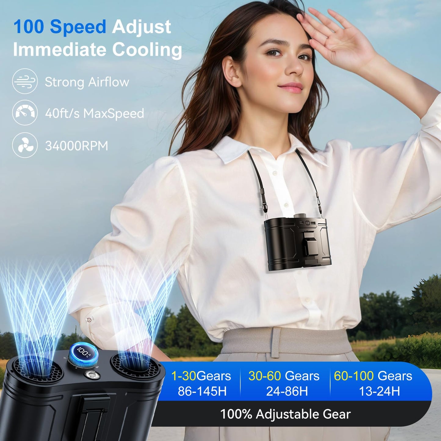 21000MAh Portable Waist Fan, 100 Speeds 34000RPM Strong Airflow, Belt Fan with up to 145H of Working Time, Flashlight Hands-Free Hanging Neck