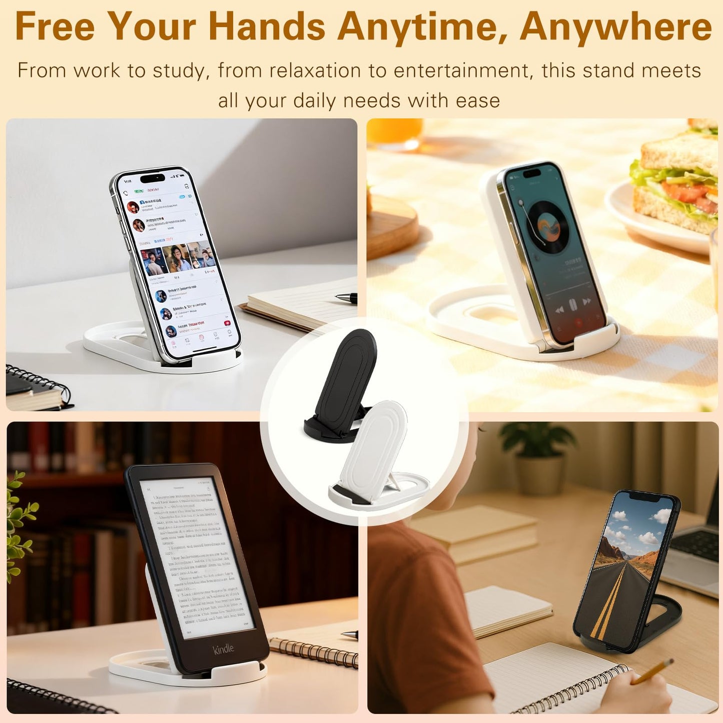 6-Pack Portable Phone & Tablet Stand(Black&White), Foldable Multi-Angle Desk Holders, Adjustable Universal Holder for Samsung Galaxy, iPad, iPhone