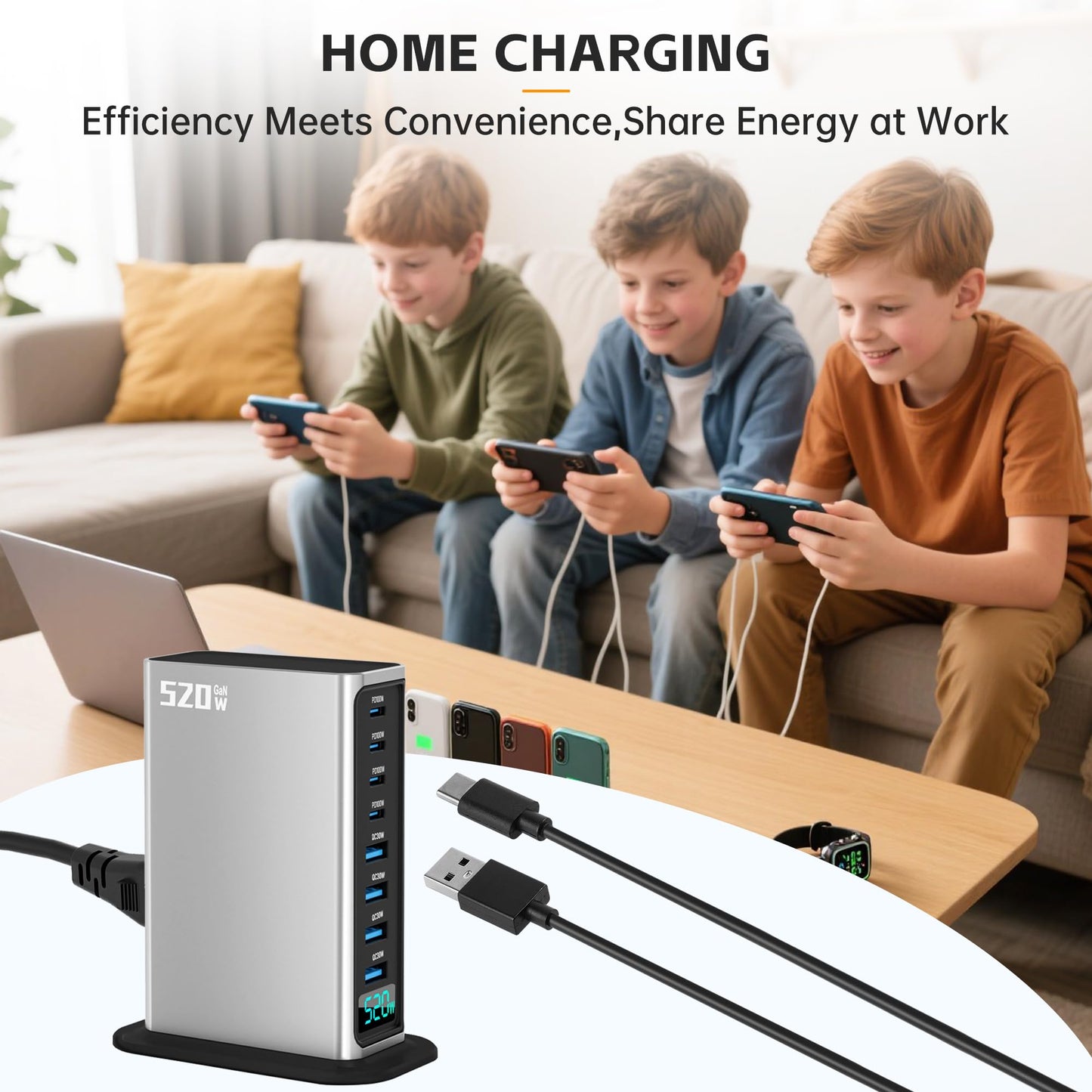 520W USB C Charger Block, PD 100w Type C & USB A Laptop Cell Phone Charger Adapter?8 Ports GaN Fast Charging Station Hub, for MacBook Air/Pro, iPhone