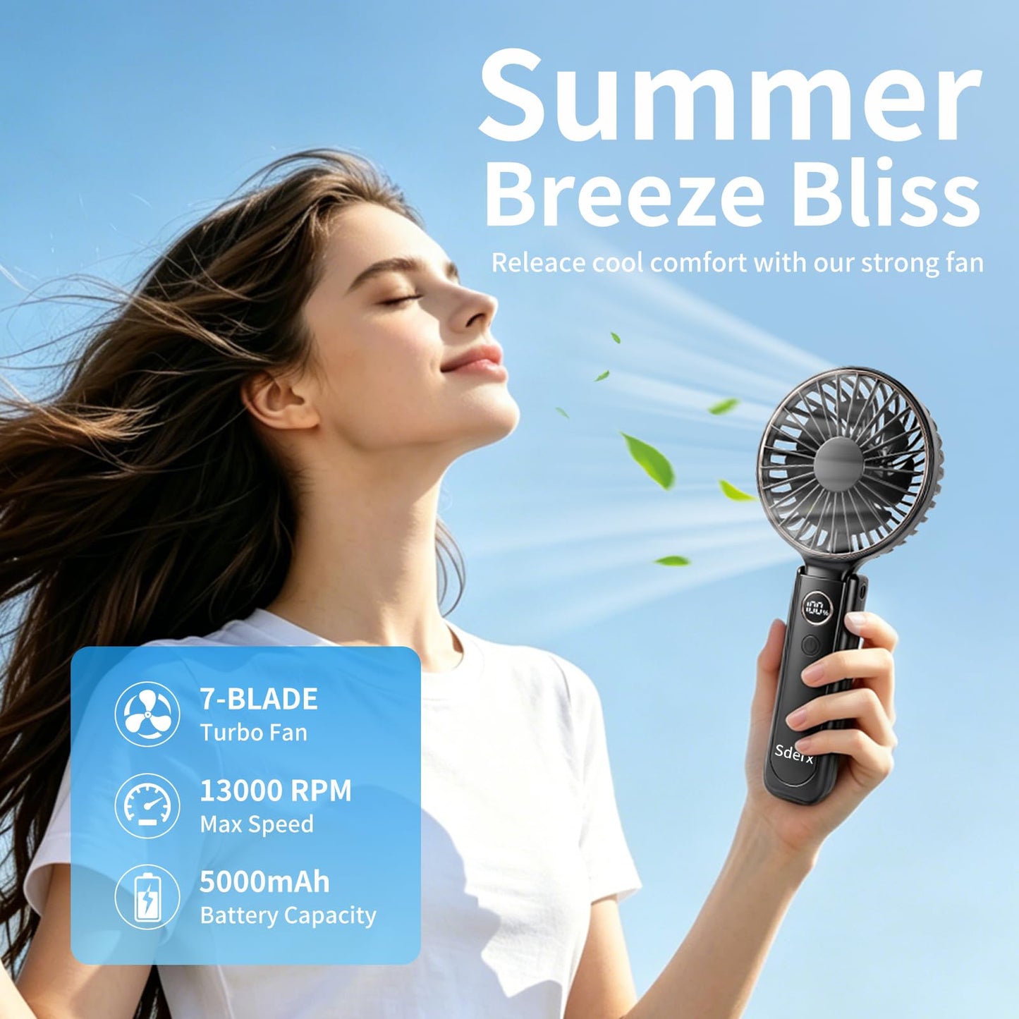 Sderx Handheld Fan, 5000mAh 3-in-1 Foldable Fan, 24H Battery Life