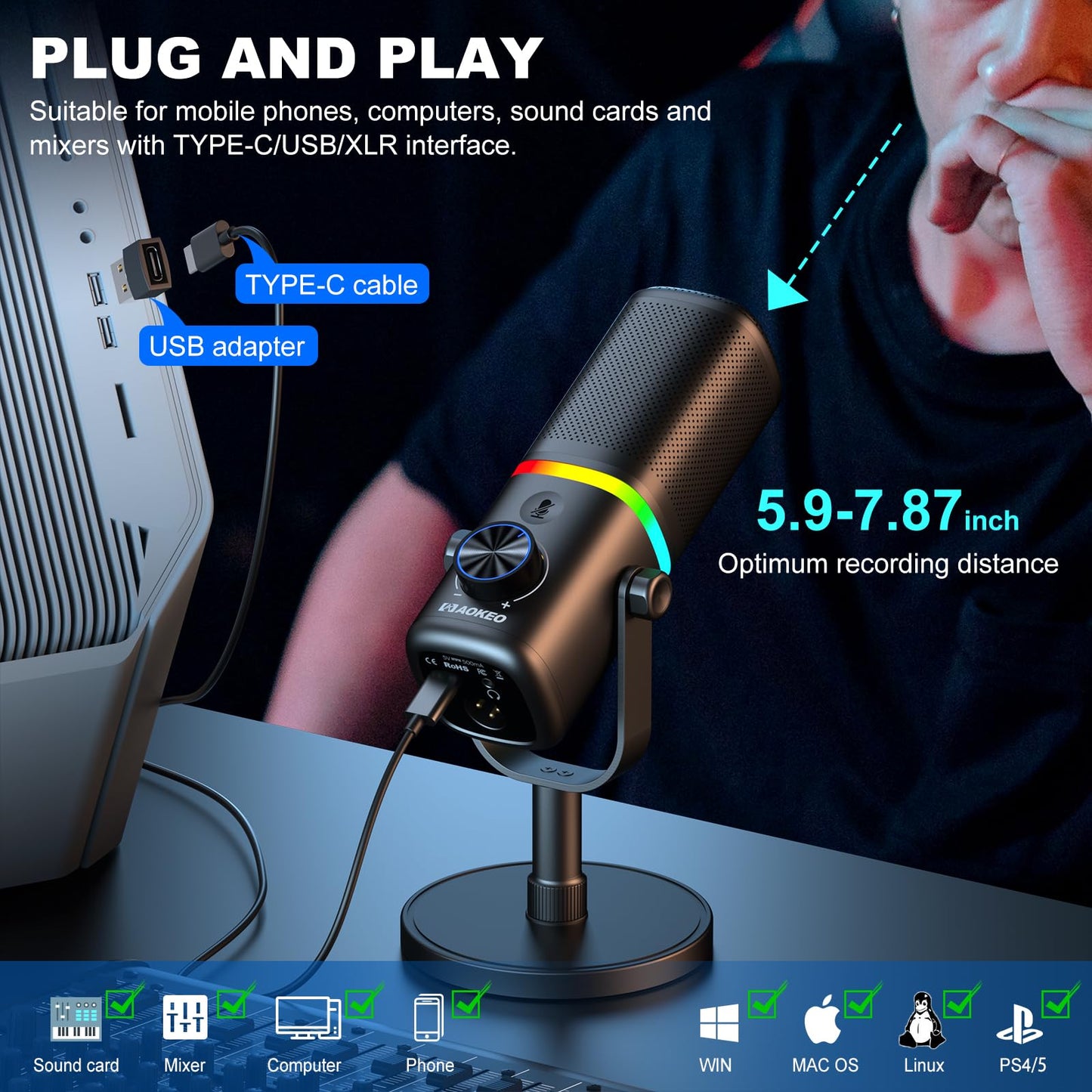 Aokeo Microphone for PC, AK-10 USB/XLR Dynamic Desktop Microphone for Gaming,Podcast,Streaming with RGB Light,Volume Control,Mute Button,Noise