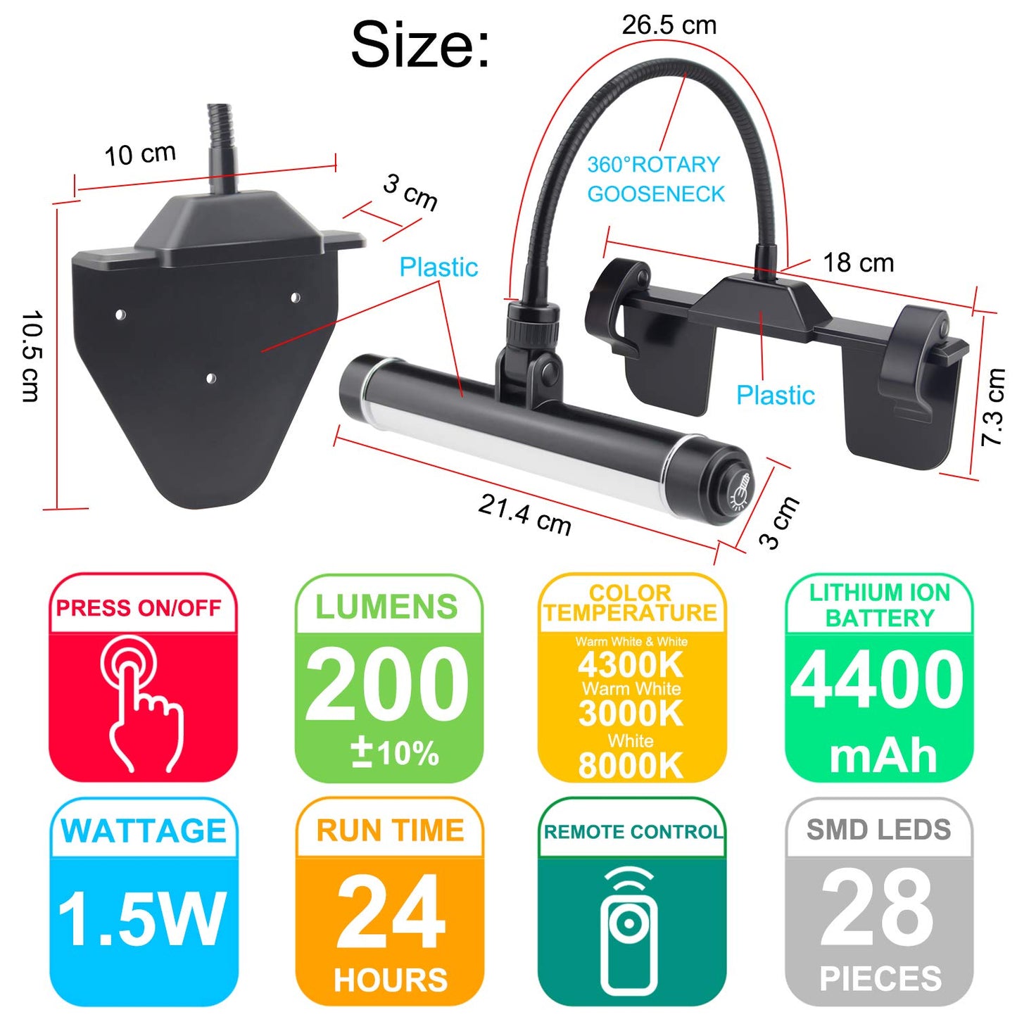 HONWELL Painting Lights Cordless, Dartboard Light with Remote, Rechargeable Picture Light, Picture Frame Lights with 3 Modes 28 LEDs Rotate Head, 360°