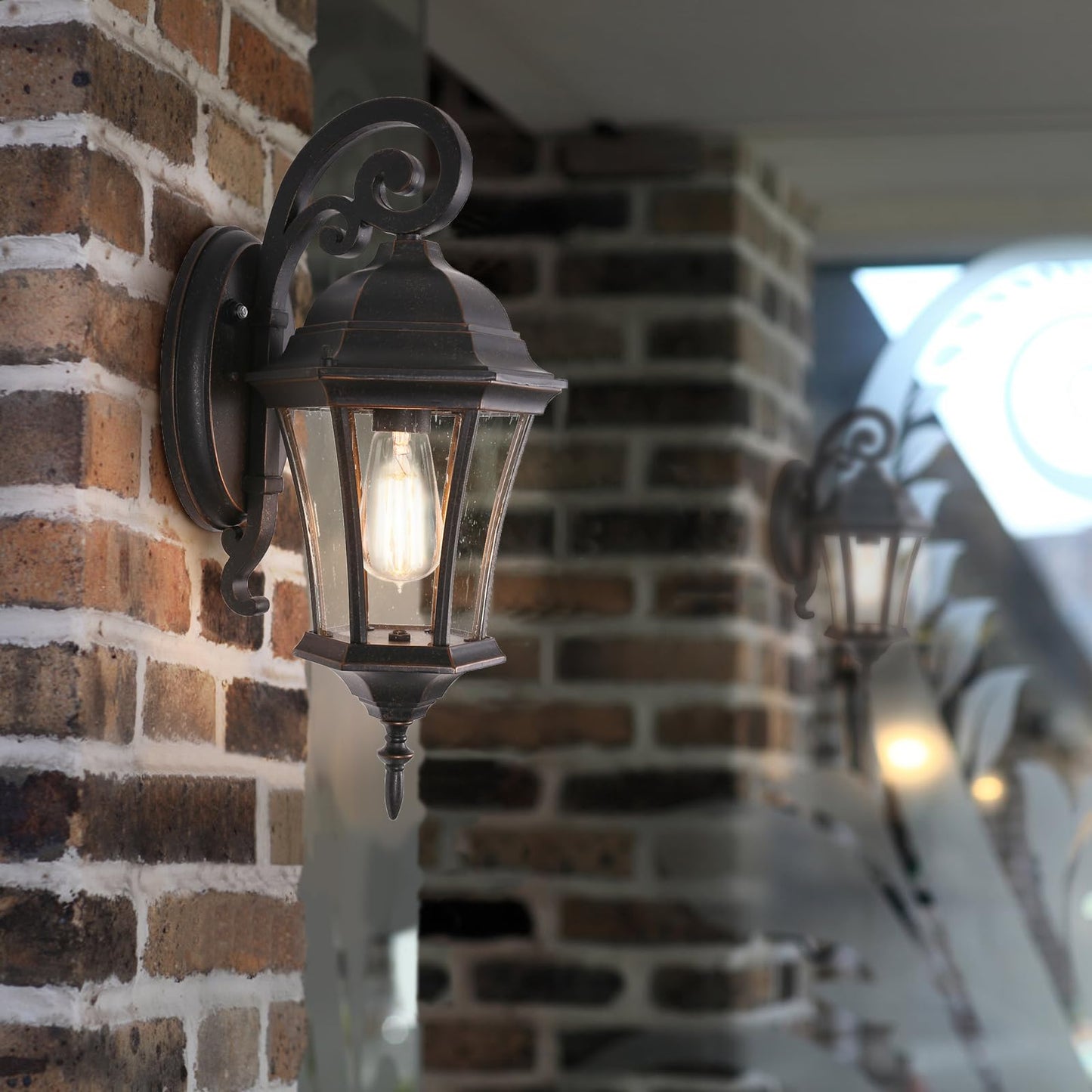 GOALPLUS Dusk to Dawn Outdoor Wall Light Fixture 18” High Antique Bronze Porch Light with Wall Mount, Vintage Waterproof Wall Sconce with Clear Seeded