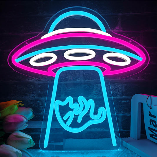 UFO cat neon sign, spaceship LED neon light, dimmable spaceship neon light, suitable for bedroom, children's space, playroom, neon wall decoration