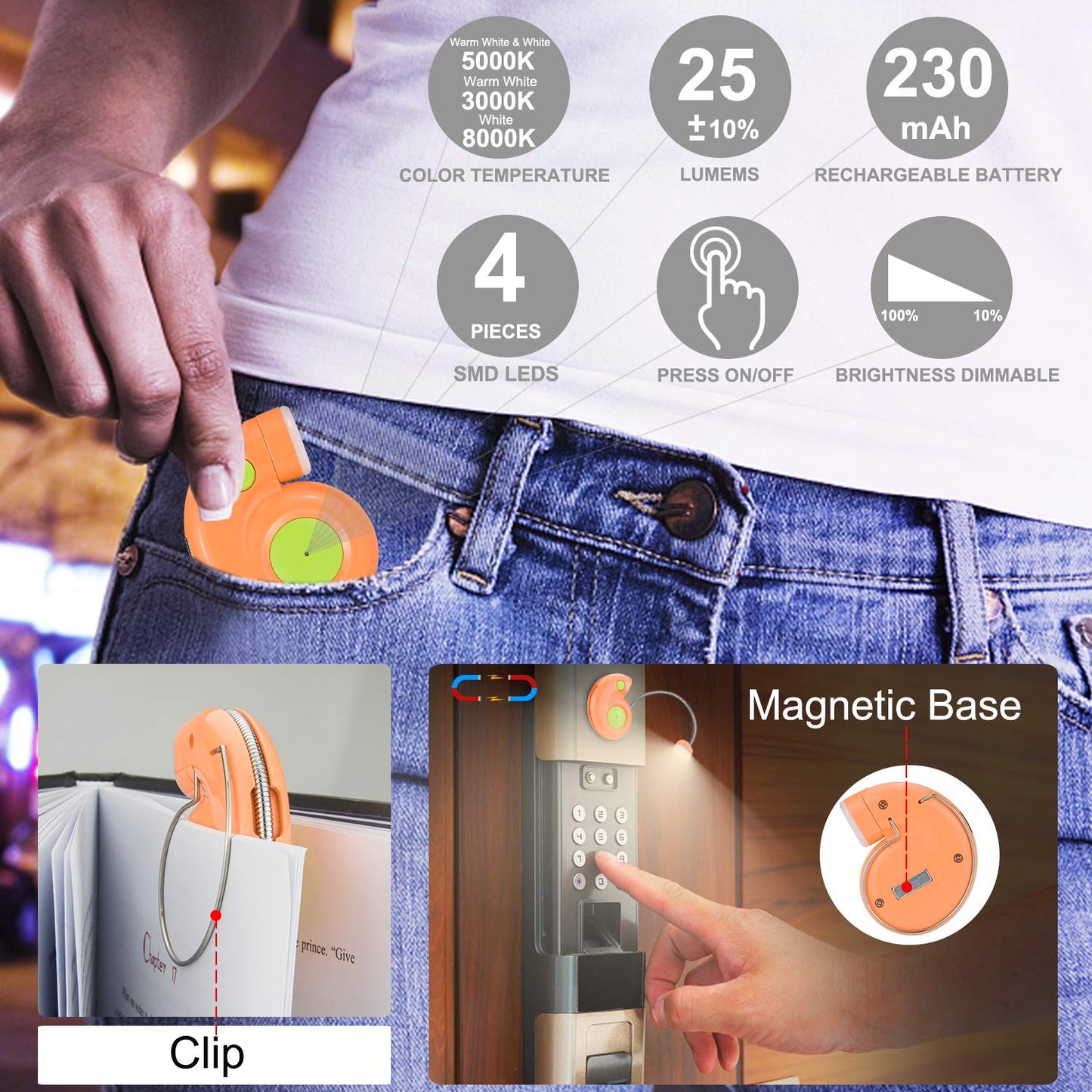 LUXSWAY Rechargeable Book Light, Portable Reading Lamp, Eye Care Book Light, Bookmark Light for Adult Bookworm -Orange