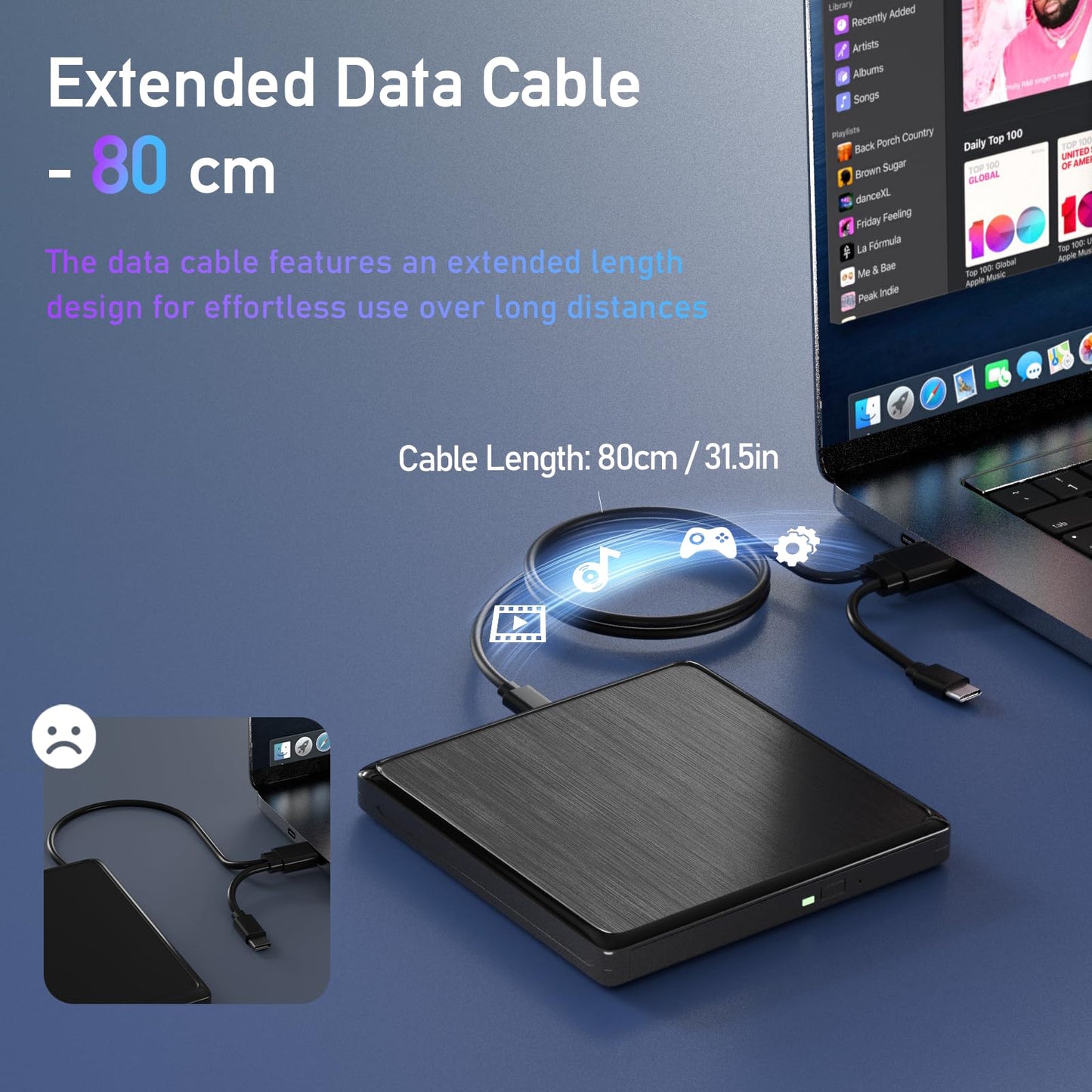 External CD/DVD Drive for Laptop, USB 3.0 and Type-C USB CD/DVD External Drive DVD Burner, External DVD Player for Laptop with Extended Data Cable