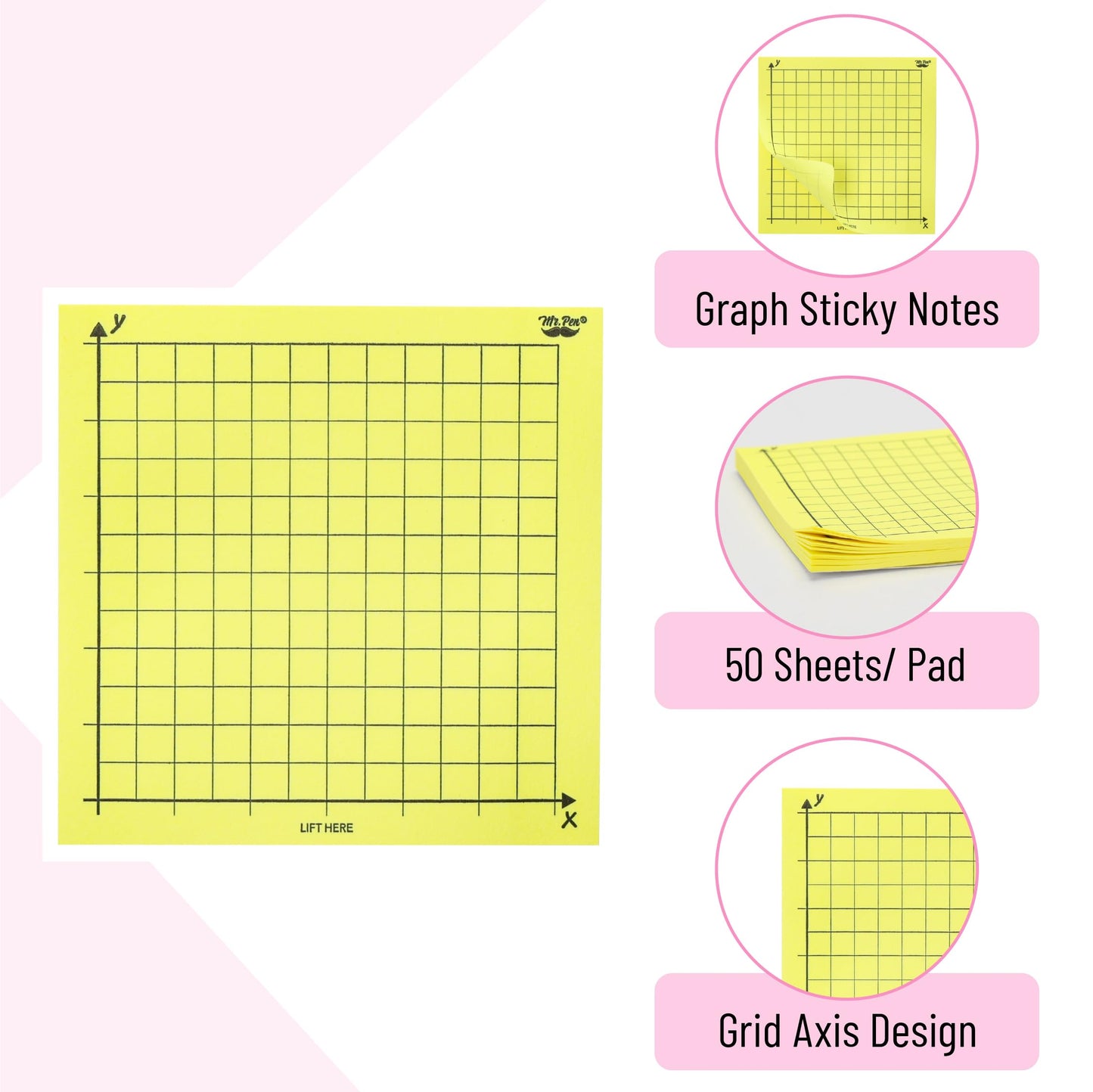 Mr. Pen- Graph Sticky Notes, 3x3 Inch, 6 Pads, 50 Sheets/Pad, 300 Sheets | 6 Grid Designs, Bright Colors, Square Graph Paper Notes, Grid Sticky Note
