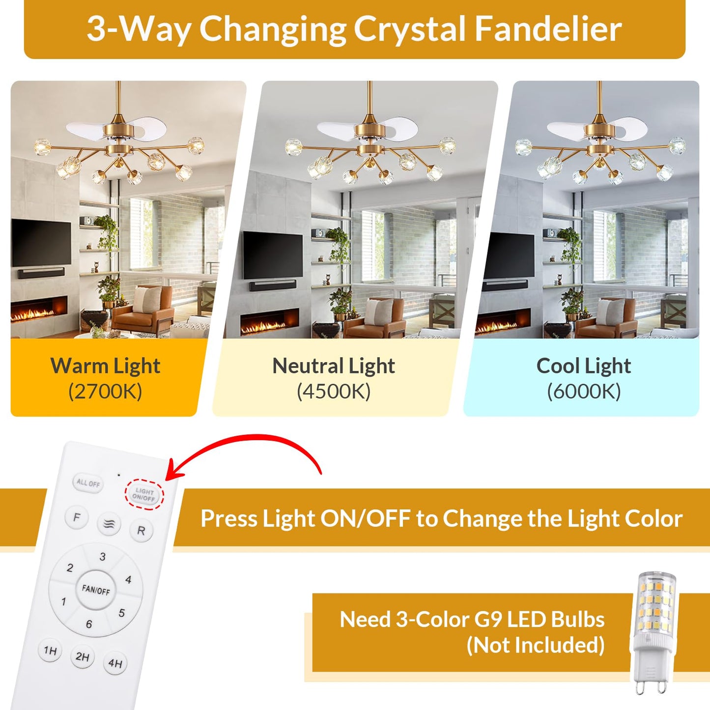 Siljoy 9-Light Farmhouse Sputnik Crystal Ceiling Fan with Light and Remote, Brass Gold Fandelier with Quiet Reversible Motor, 6 Speeds, 3-Color Change