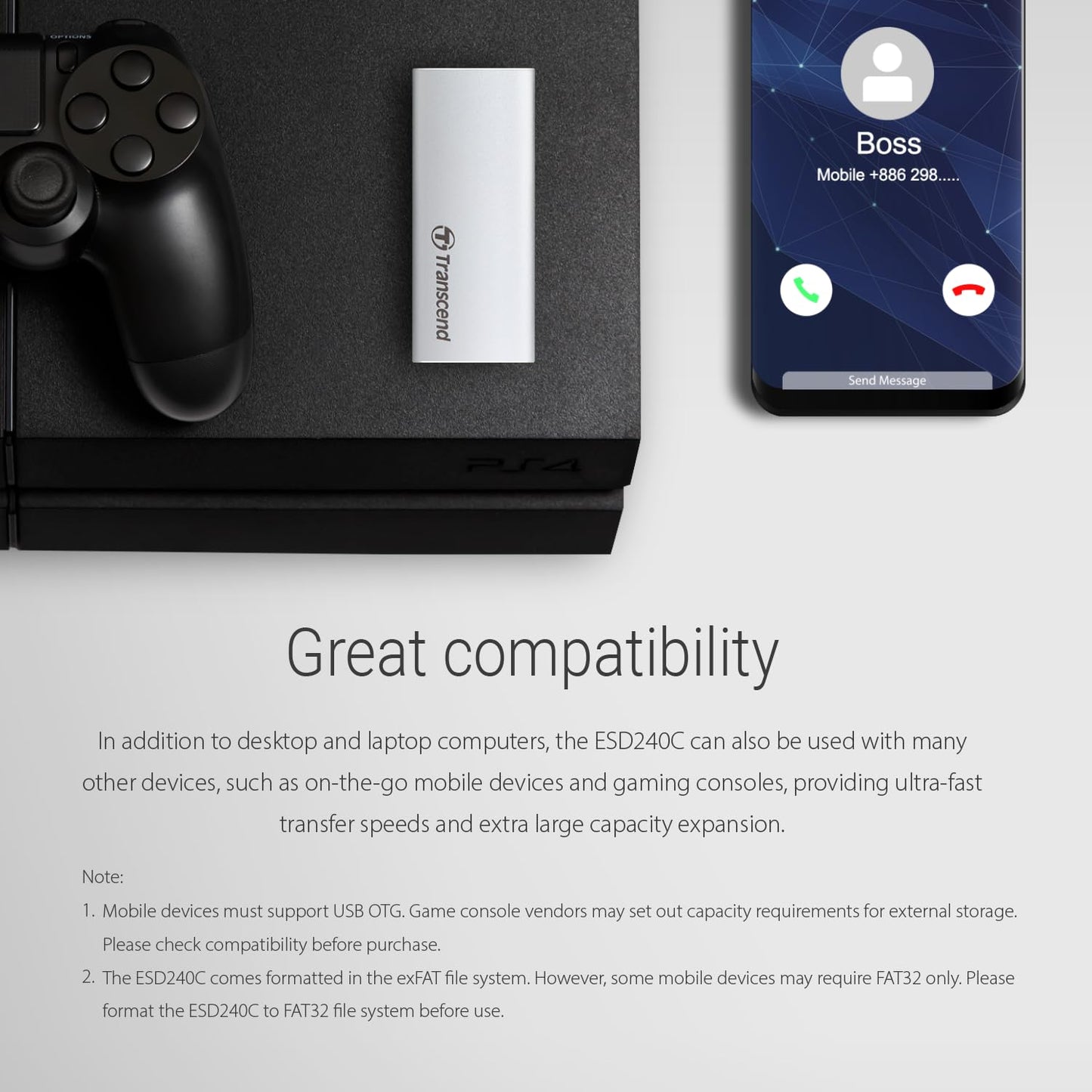 Transcend TS480GESD240C 480GB, USB 3.1 Gen 2, USB Type-C, Up to 520 MB/s, ESD240C, Portable SSD, Lightweight Aluminum Construction, External SSD