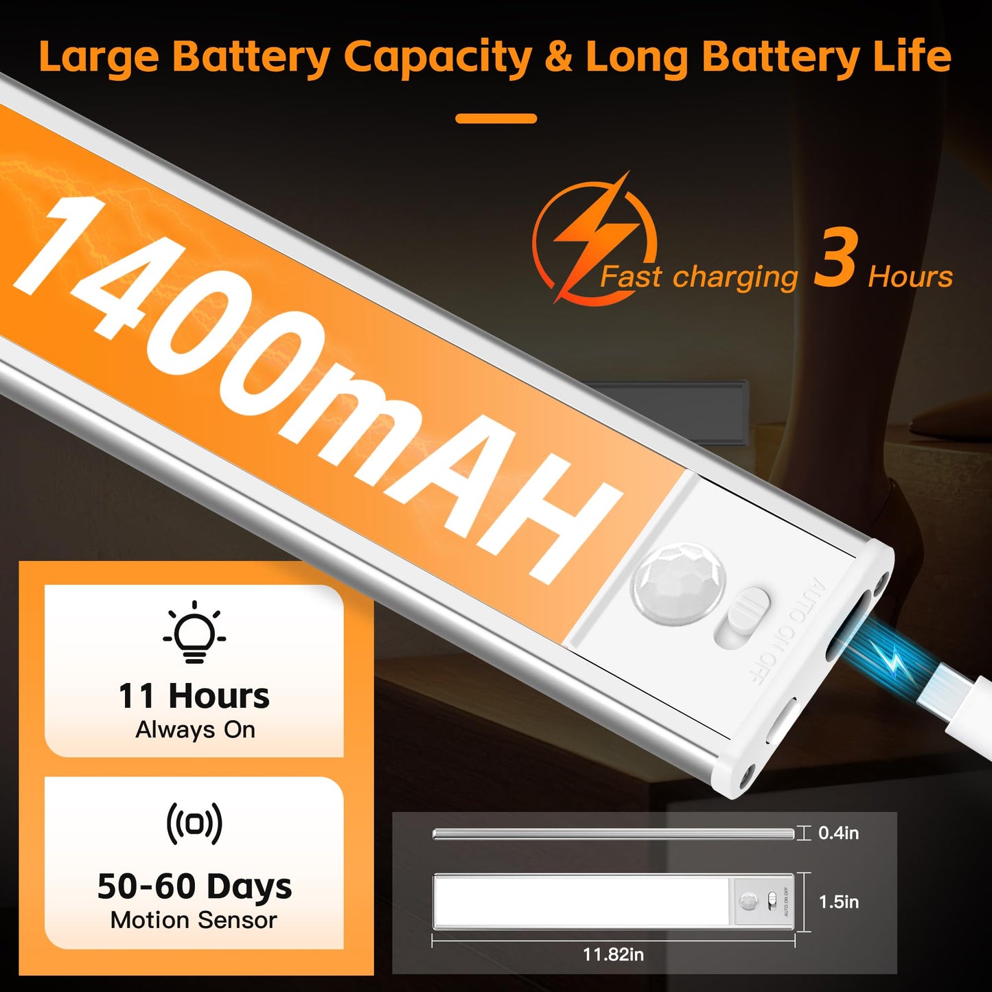 7.9inch Under Cabinet Lighting1400mAh with Motion Sensor,34LED 3Color Temperature,Closet Lights Motion Sensored, USB-C Charging,Durable