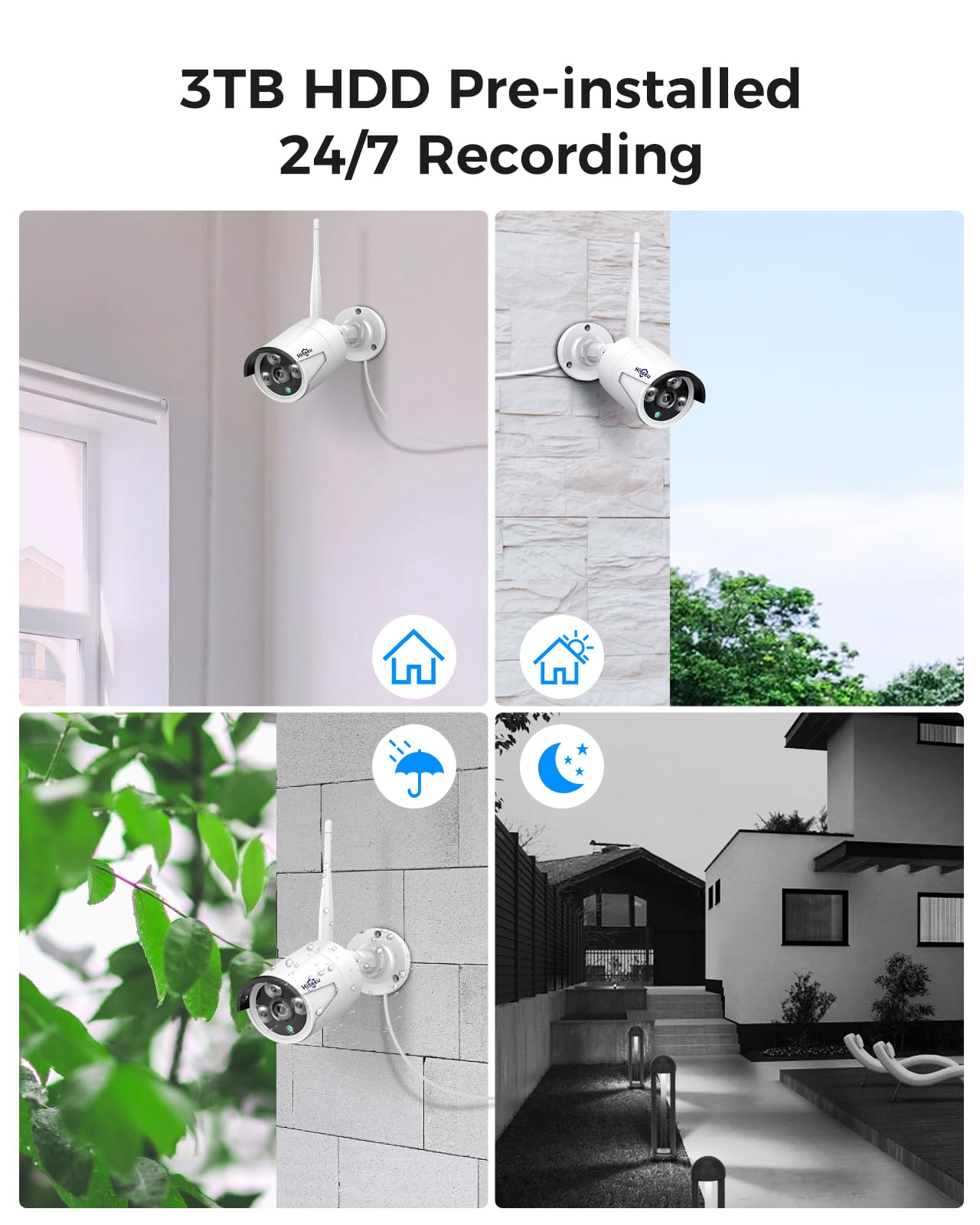 [100ft] Hiseeu Wireless WiFi Security Camera System, Wired Plug-in Powered, Expandable 16CH 4K NVR, 4Pcs 3MP Night Vision Cameras Home Surveillance