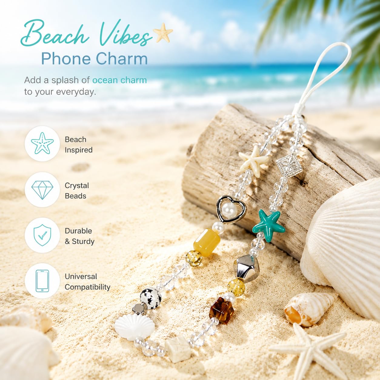 3PCS Beach Style Phone Charm Strap Chains, Hand Phone Wrist Strap Camera Lanyard,Trendy Shell, Starfish Beaded Cell Phone Lanyards for Women, Girls