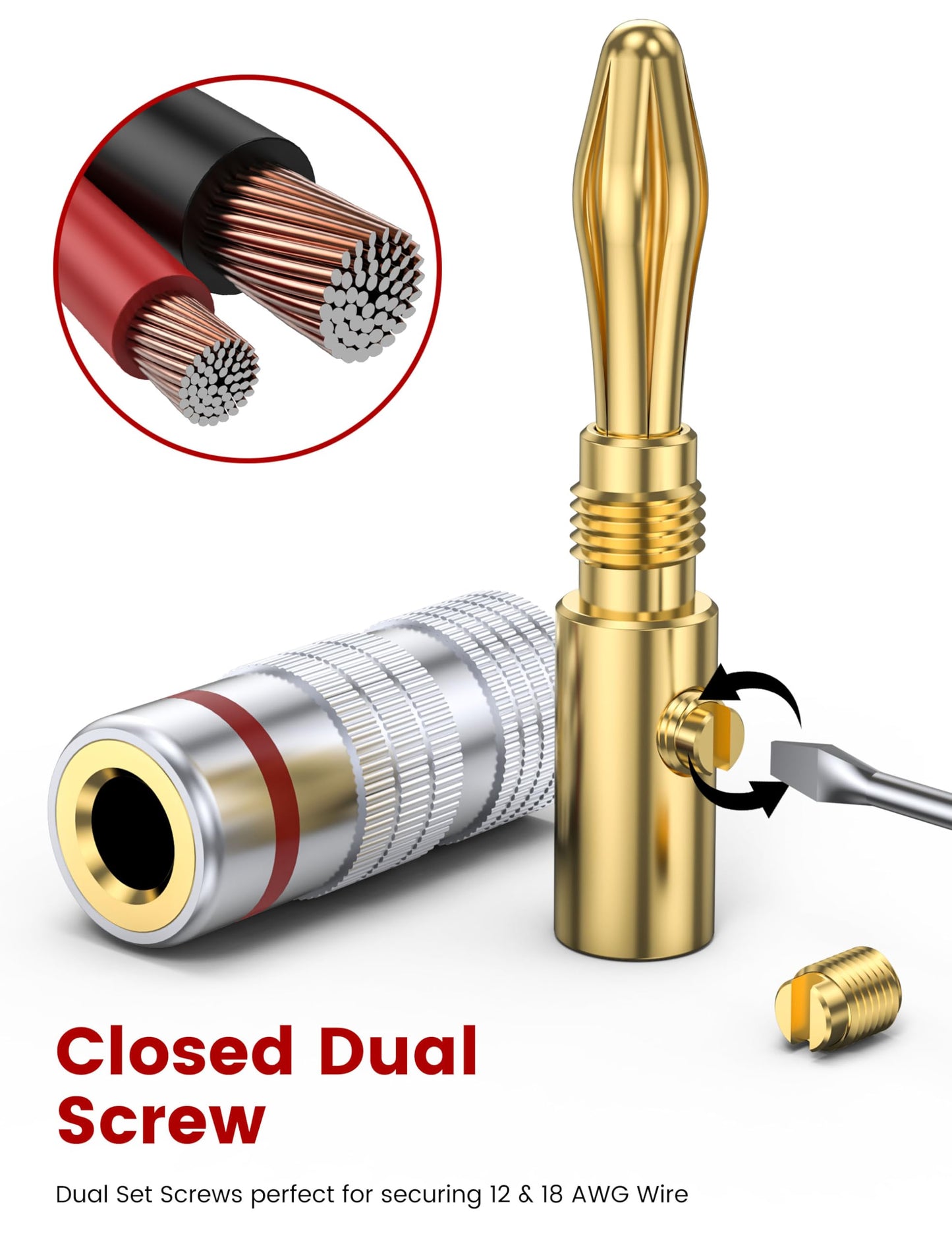 MOSWAG Banana Plugs for Speaker Wire (4 Pairs/8 pcs), Brass Speaker Connectors with Dual Set Screws, Black and Red Shell Banana Plugs for Home