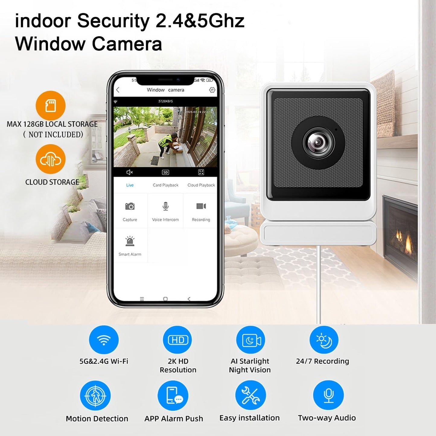 VHV 4MP Ultra HD Smart Window Security Camera - 2.4G/5G WiFi, Color Night Vision, 24/7 Cloud Recording, AI Motion Detection, Family Sharing (1PCS)