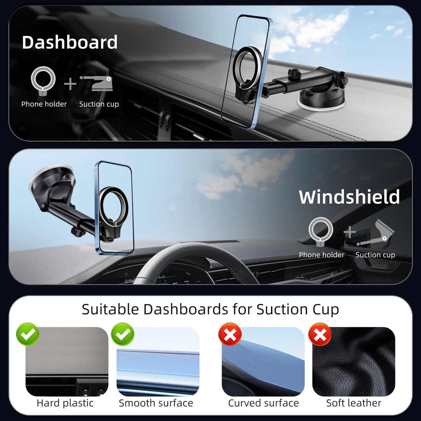 pop-tech for MagSafe Car Mount, [Aviation-Grade Aluminum] Universal Magnetic Phone Holder for Car Windshield Dashboard, Strong Magnet Cellphone Mount