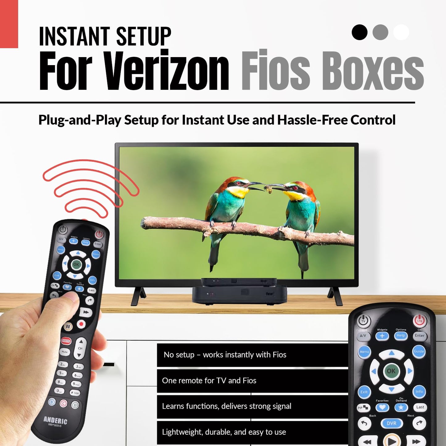 ANDERIC RRP265V5 Replacement Remote Control Compatible with Verizon FiOS 2-Device, Version 2/3/4/5 RC2655007/01, Work with All FiOS Systems and Set