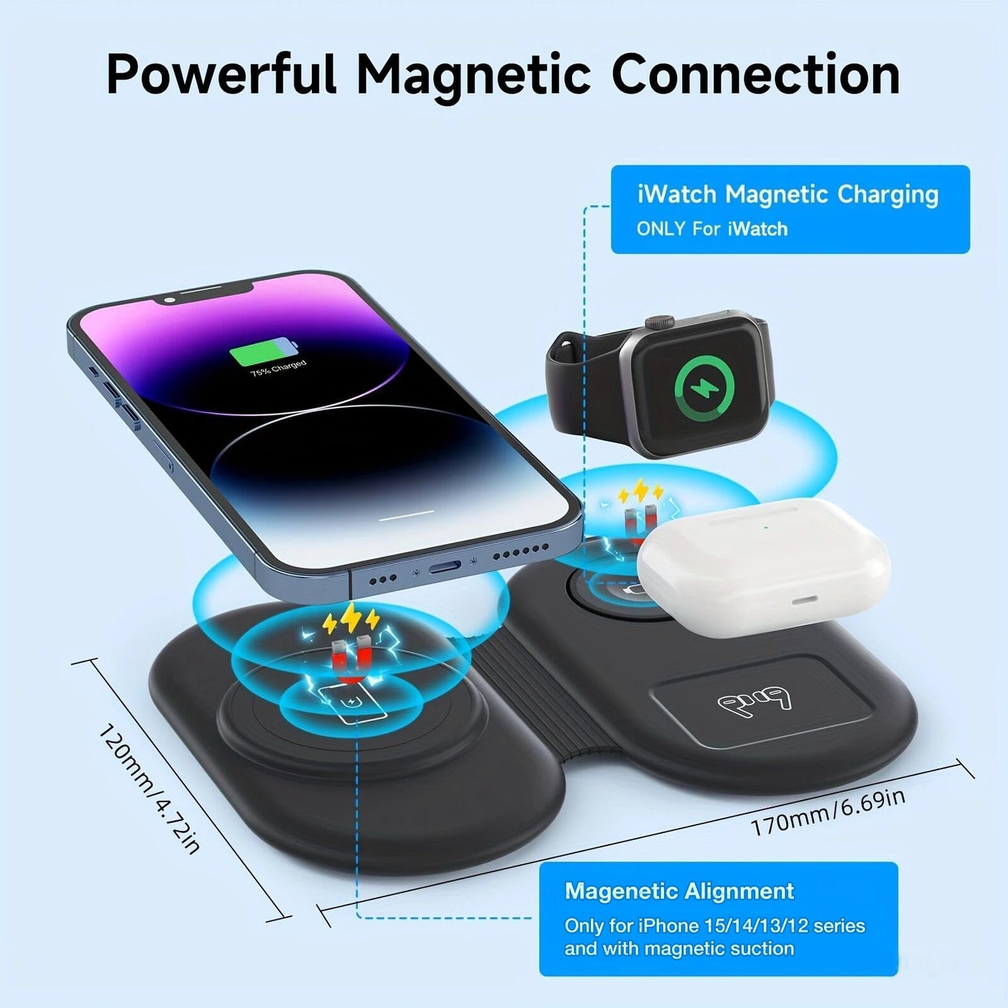 Wireless Charger 3 in 1, RELAXYO Travel Fast Wireless Charging Station for Apple, Compatible with iPhone 15 14 13 12 11 Pro/Max/XR, for iWatch