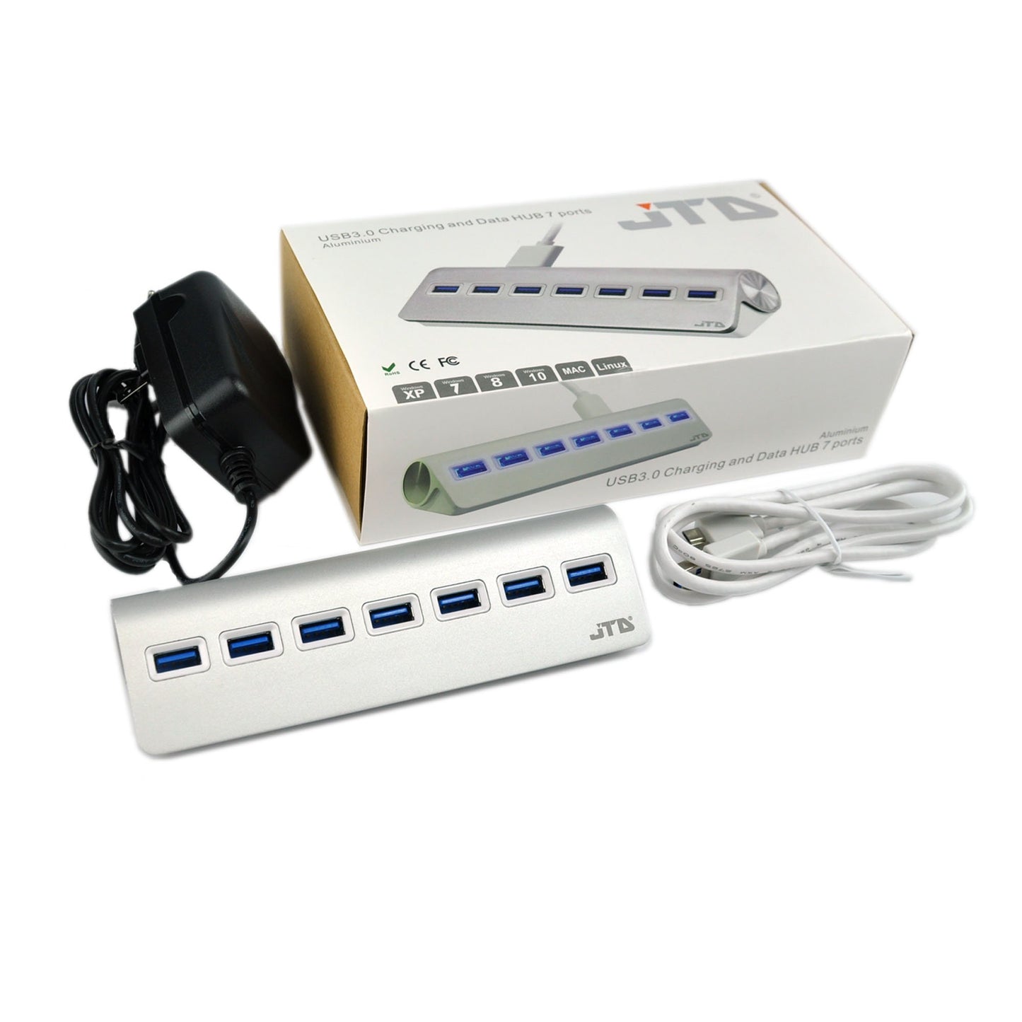JTD ® USB 3.0 Hub 7-Port Portable Aluminum Charging and Data Hub with 5V 4A Power Adapter 3-Foot USB 3.0 Cable (Silver)