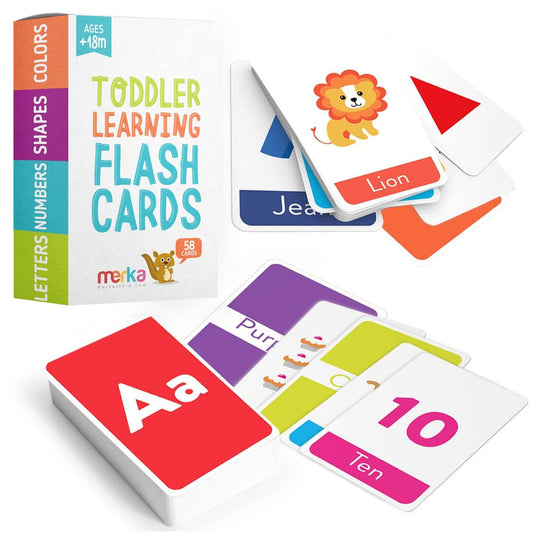 merka Toddler Flash Cards | 58 Double-Sided Learning Cards for Alphabet, Numbers, Colors & Shapes | Educational Preschool Toy for Kids