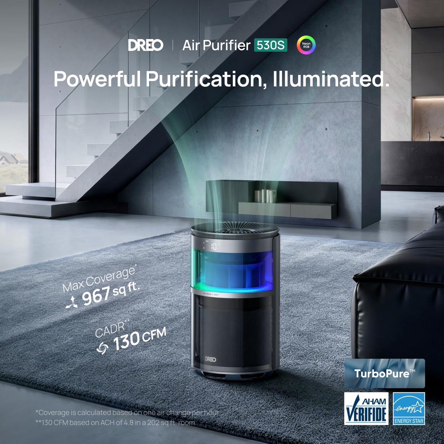 DREO Smart Air Purifier With RGBIC Light,Home HEPA Air Cleaner with Wi-Fi/Voice/Alexa, PM2.5 Quality Monitor,4 Speeds & Auto/Turbo/Quiet Sleep Modes