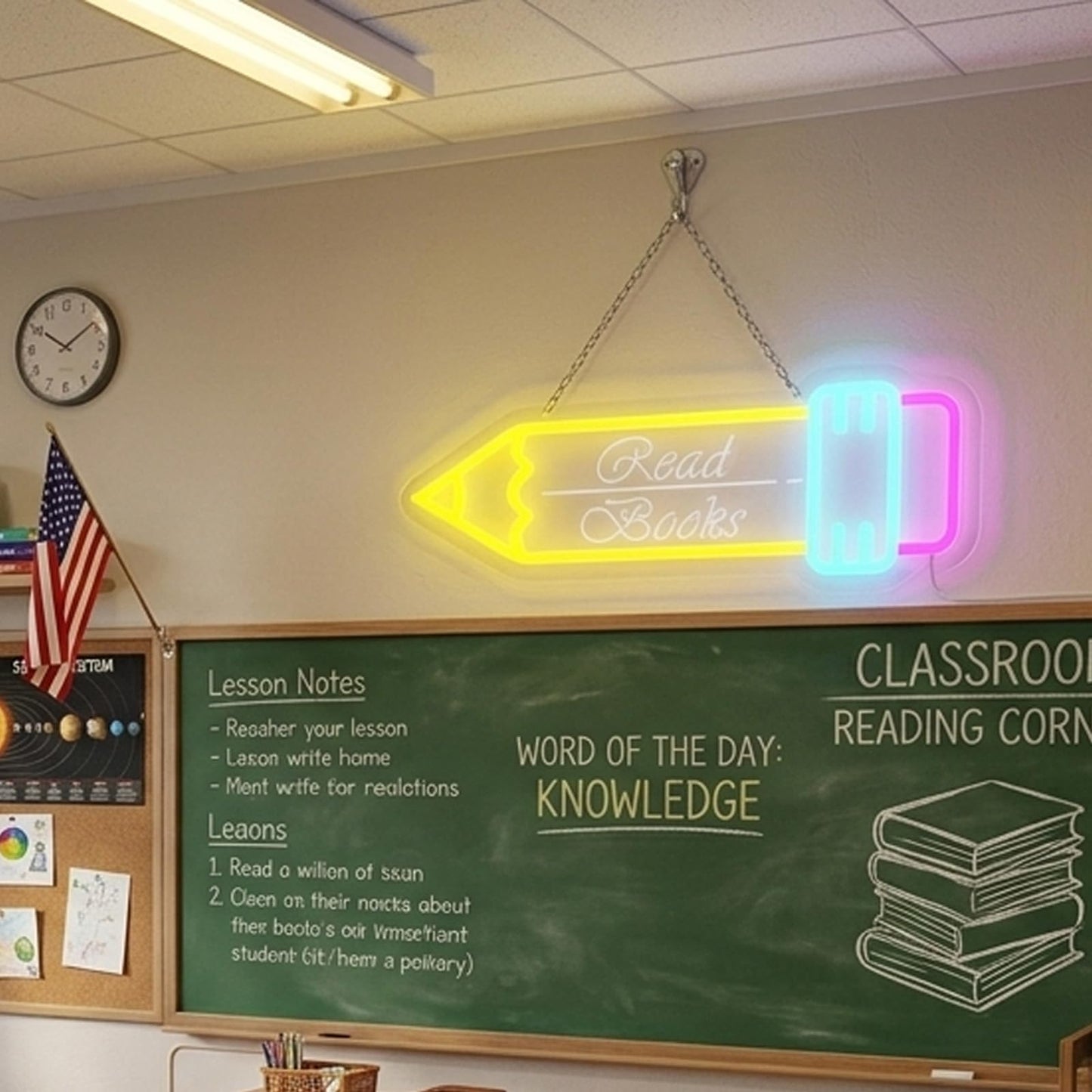 Read Books Pencil Neon Sign, LED Neon Light with Metal Chain & Dimmable Switch, Creative Educational Neon Light for Classroom, Kids Bedroom, Library