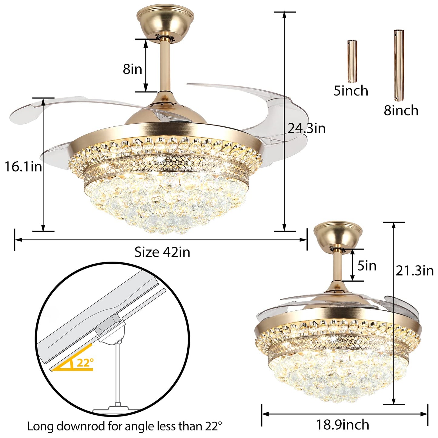 Panghuhu88 42" Invisible Ceiling Fan Chandelier with Light,Modern Crystal Ceiling Fan Light Remote Control 4 Retractable ABS Blades for Bedroom Living