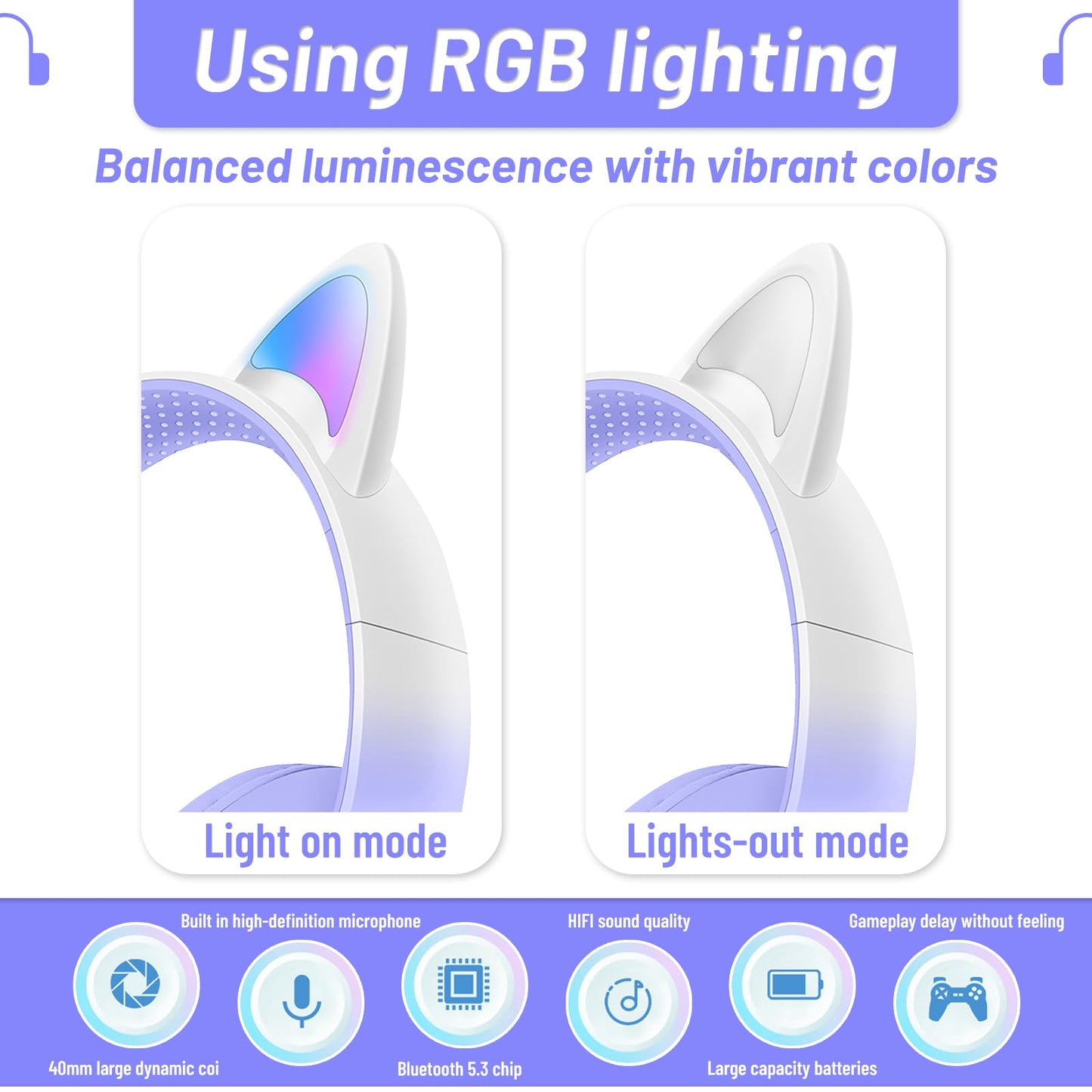 Cat Ear Bluetooth Kids Headphones, LED Lights, Safe Volume, Foldable