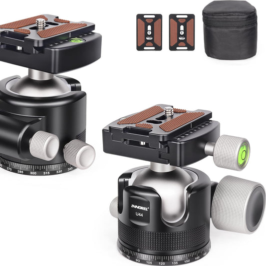 INNOREL 44mm Low Profile Camera Tripod Ball Head, CNC Metal Heavy Duty 360 Panoramic Tripod Head Compatible with Two Arca 1/4" Quick Release Plates