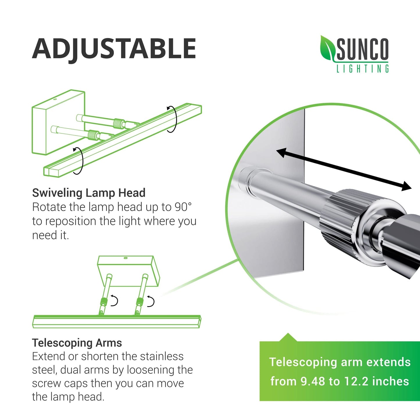 Sunco Lighting Modern Vanity Light Fixture, LED Bathroom Bar Lights, 15W=100W, Selectable White (3000K/4000K/5000K), 1100 LM Chrome Finish, Adjustable