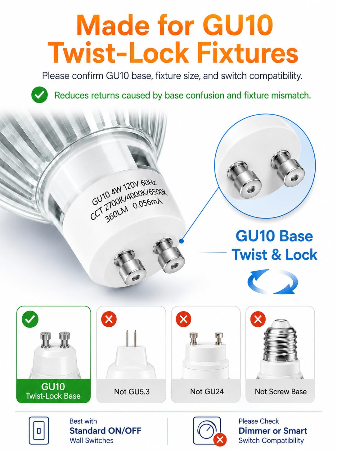 SerBion 6-Pack GU10 LED Bulbs Color Changing - 4 Watt Light Bulbs for Recessed Lighting, Track Lighting, Accent Lights(Not for Candle Warmers) - MR16