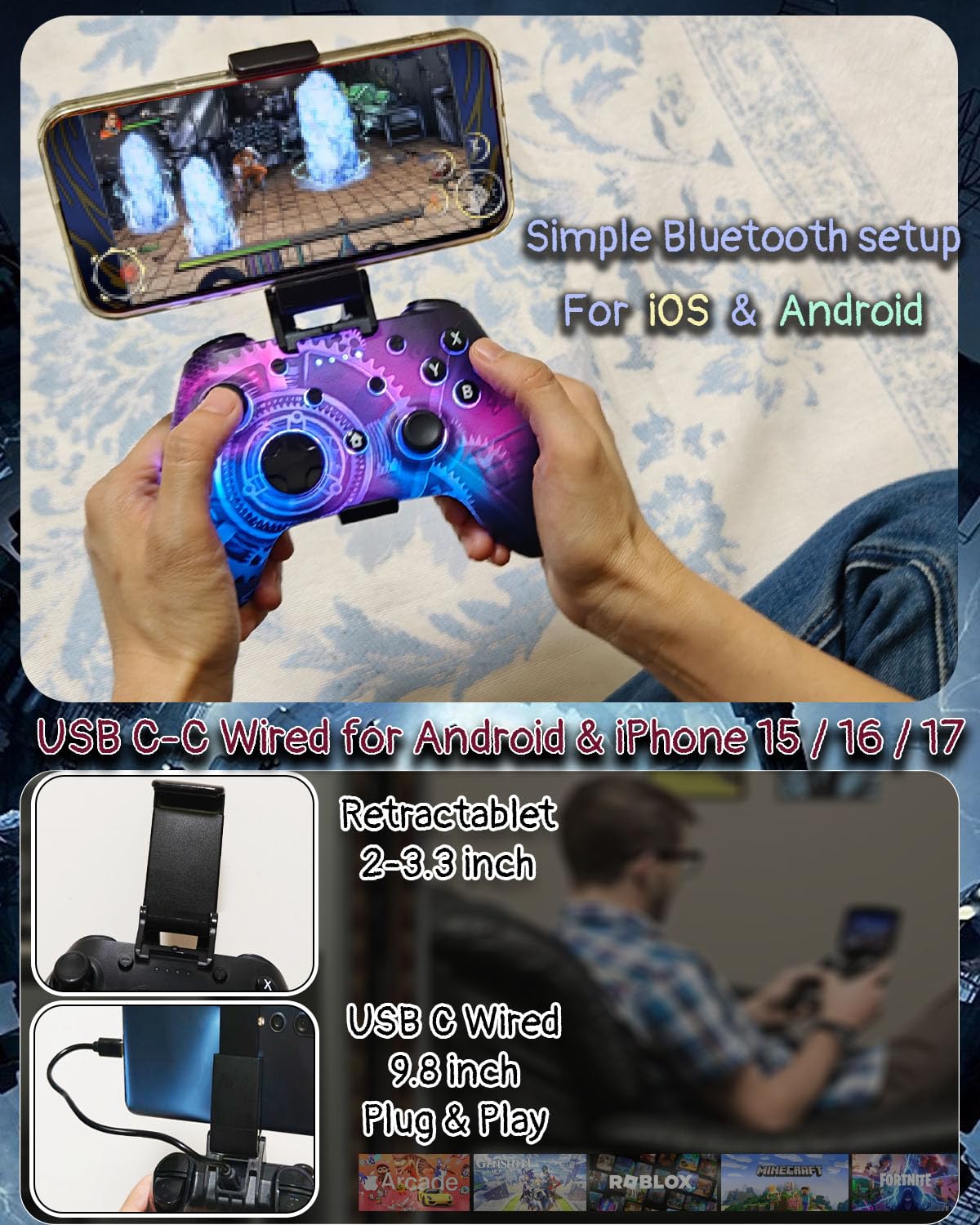 Wzuicov Multi-Platform Game Controller with RGB & Dual-Mode Bluetooth & Wired Connection, Wireless Gamepad for Switch/Switch 2/iOS/Android/PC/TV