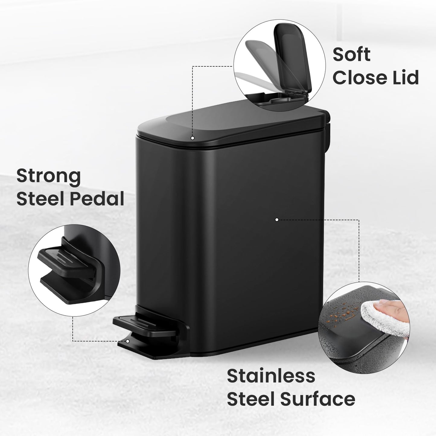 Cesun Small Bathroom Trash Can with Lid, Soft Close Step Pedal, 6L/1.6 Gal Stainless Steel Garbage Bin with Removable Bucket, Matte Black