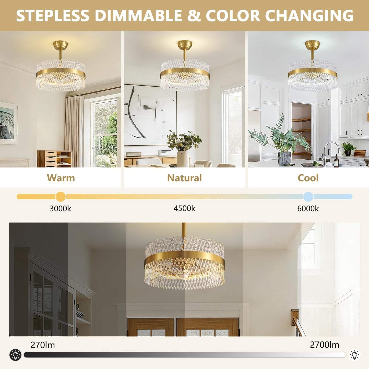 NOXARTE 20 Inch Fandelier Ceiling Fans with Light, Crystal Chandelier Fan, Gold Ceiling Fan with Remote, Modern Fandelier with 6 Reverse Speed, 3CCT