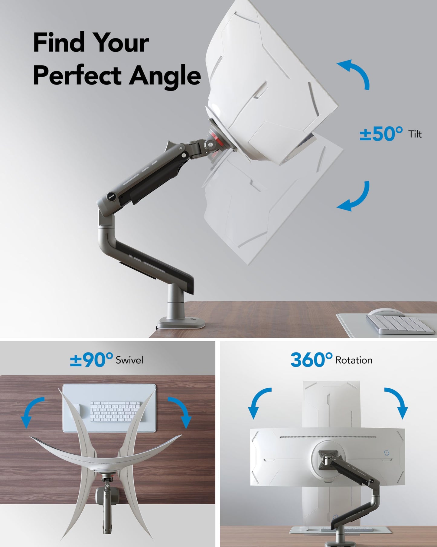 HUANUO TitanLift Heavy Duty Monitor Arm for Screens up to 49", Holds 44 lbs, Aluminum Ultrawide Screen Monitor Mount, Fully Adjustable Single Gaming