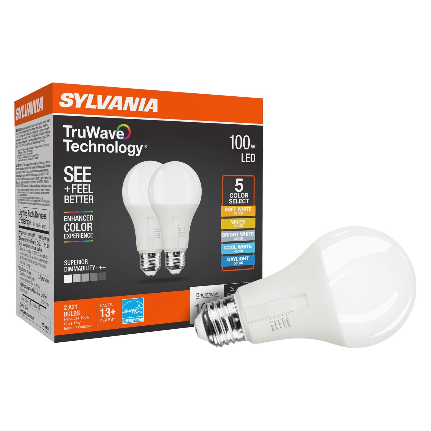 Sylvania TruWave A21 LED Light Bulb, 15W = 100W, 5 CCT Select 2700/3000 / 3500/4000 / 5000K, Dimmable, 1600 LMS, Frosted Finish (42110) 2 Count (Pack