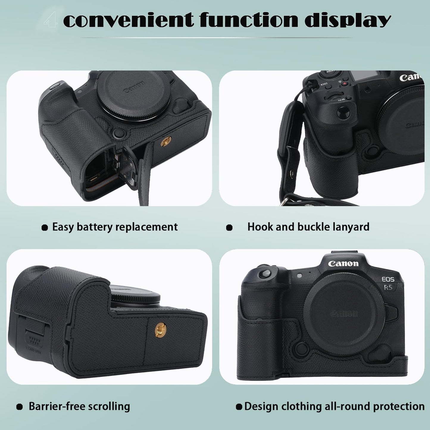 for Canon EOS R5 Camera Case,Handmade Genuine Real Leather Half Camera Case Bag Cover for Canon EOS R5 Camera Bottom Opening Version + Hand Strap