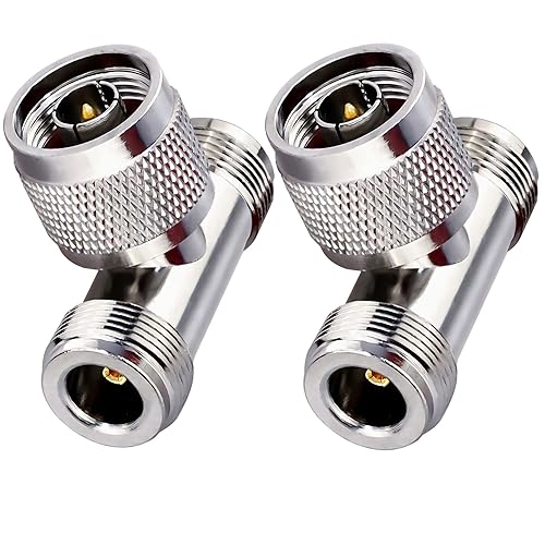 TUOLNK Dual N-Type Male to Female 3-Way Coaxial Adapter, Brass and Nickel Plated, 2 Pack