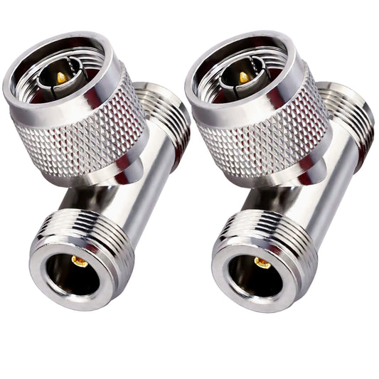 TUOLNK Dual N-Type Male to Female 3-Way Coaxial Adapter, Brass and Nickel Plated, 2 Pack