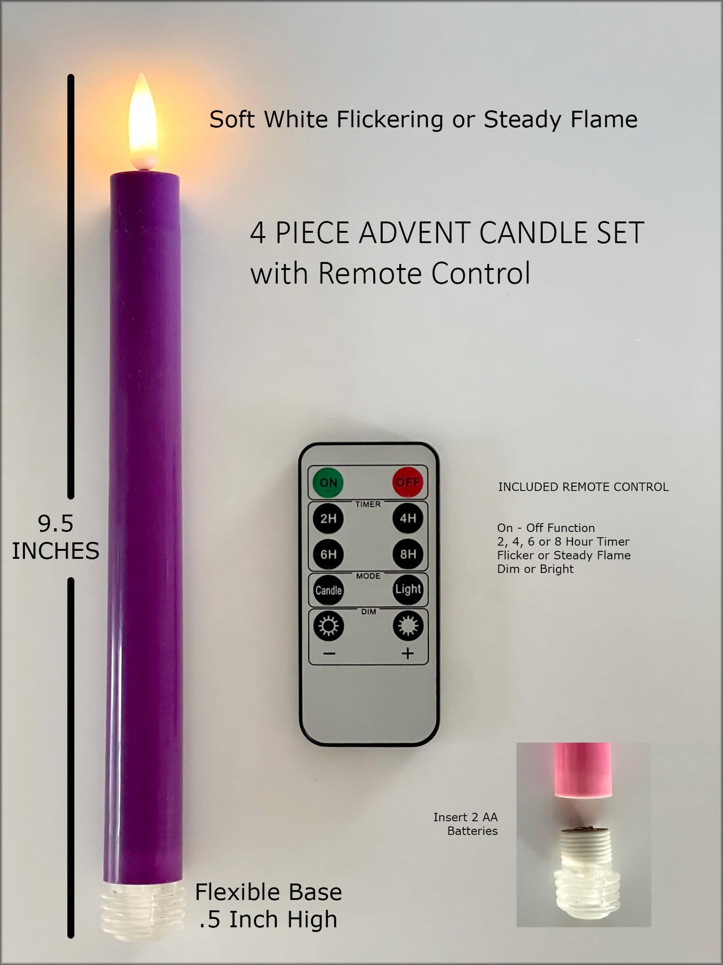 Flameless Advent Candle Set 4-Piece LED Advent Taper Candles Purple and Pink - Soft White Flickering Flame - Remote Control